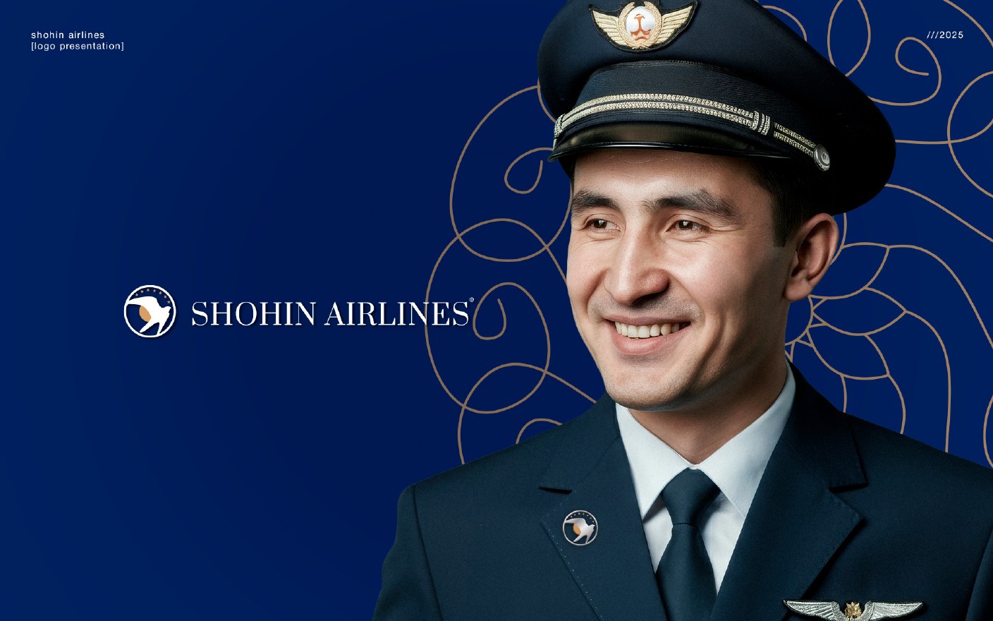 Blue and gold Shohin Airlines identity applied to crew uniform